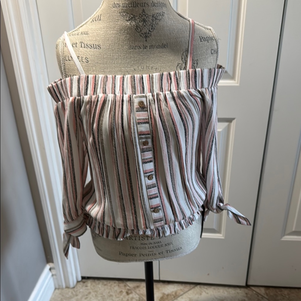 BCX Pink and White Striped Off-Shoulder Blouse